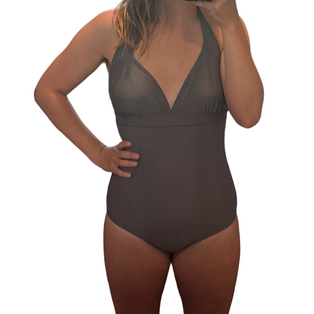 Prana Womens Halter One Piece Lahari Swimsuit Gray Keyhole Back SZ L RN 124977